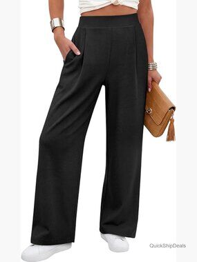 Wide Leg Waffle Knit Casual Stretchy Work Dress Pants Trousers Pull On Business
